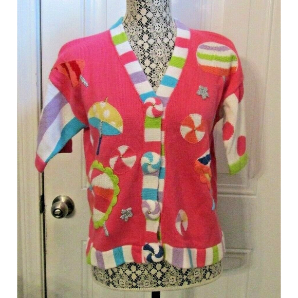 Berek Womens Pink Beach Ball Umbrella Cardigan Summer Sweater Vacation Size S - Picture 1 of 7